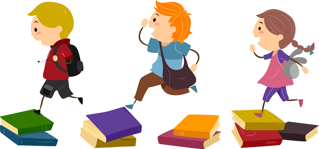colorful clip art picture of three children running on top of books